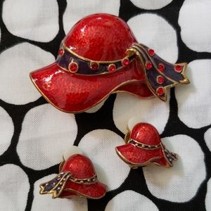 Red Hat Brooch and Earring Set